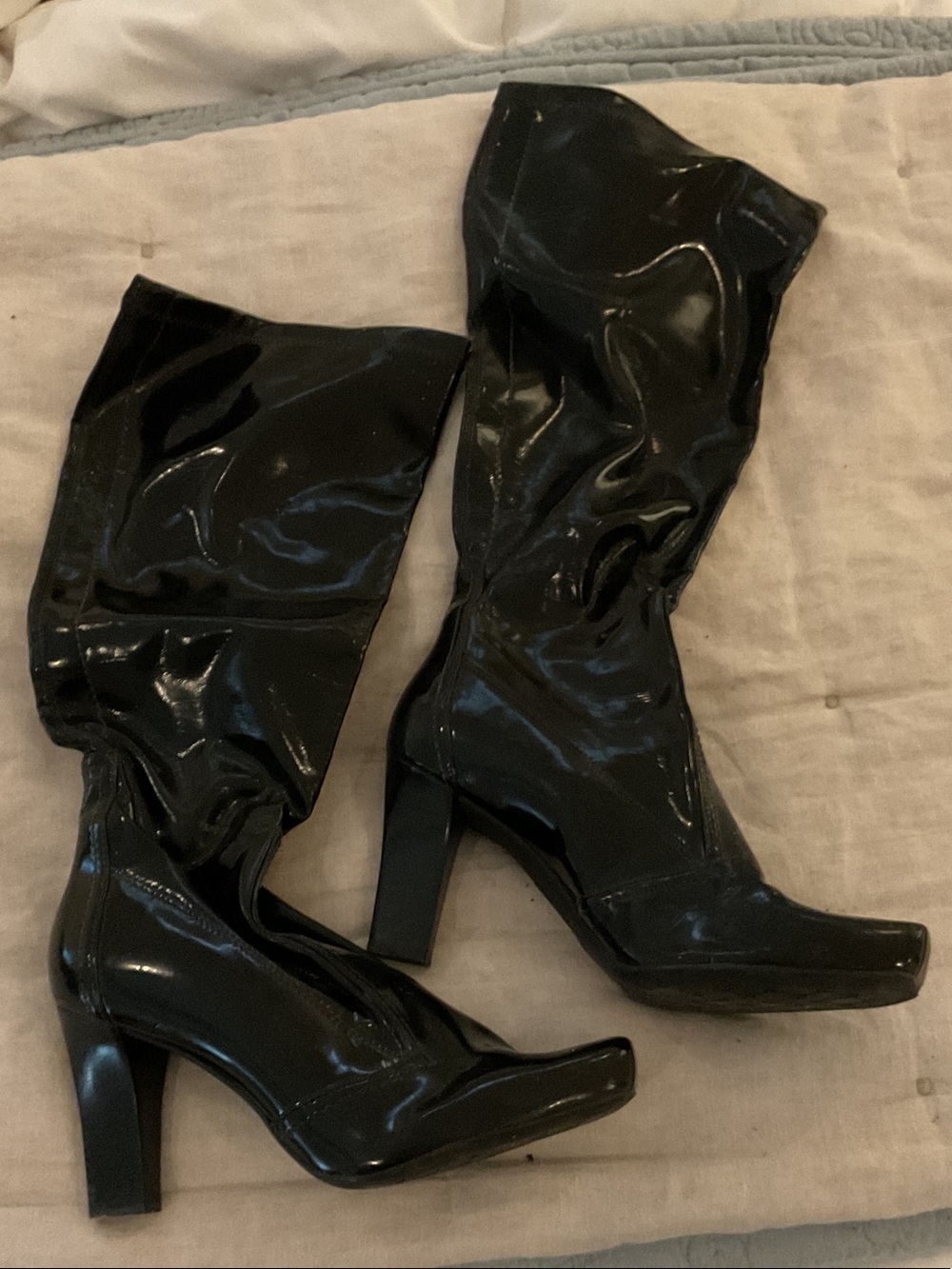 Black Patent Knee-High Block Heel Boots